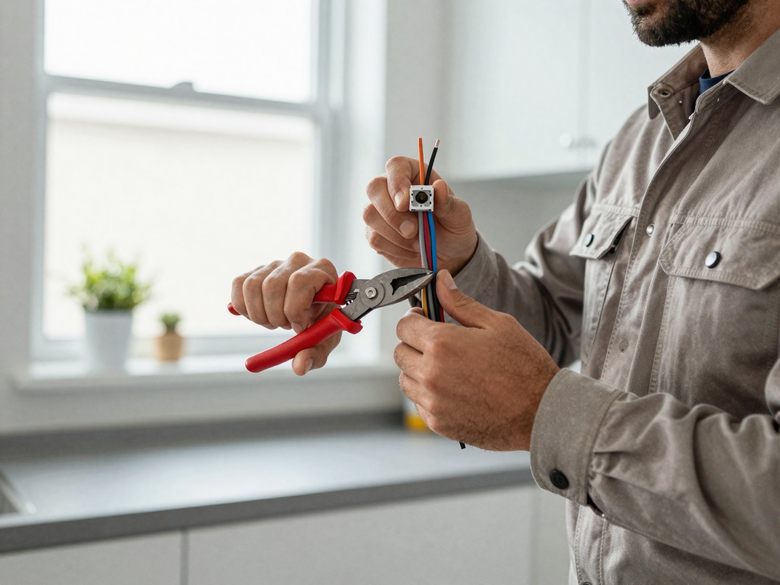 Professional electrician safely handling insulated electrical wires and using a wire cutter in a bright modern kitchen